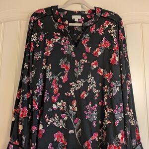 J.Jill Sz:L Blk Glistening Blooms Contrast Trimmed Velvet Top Holiday Event